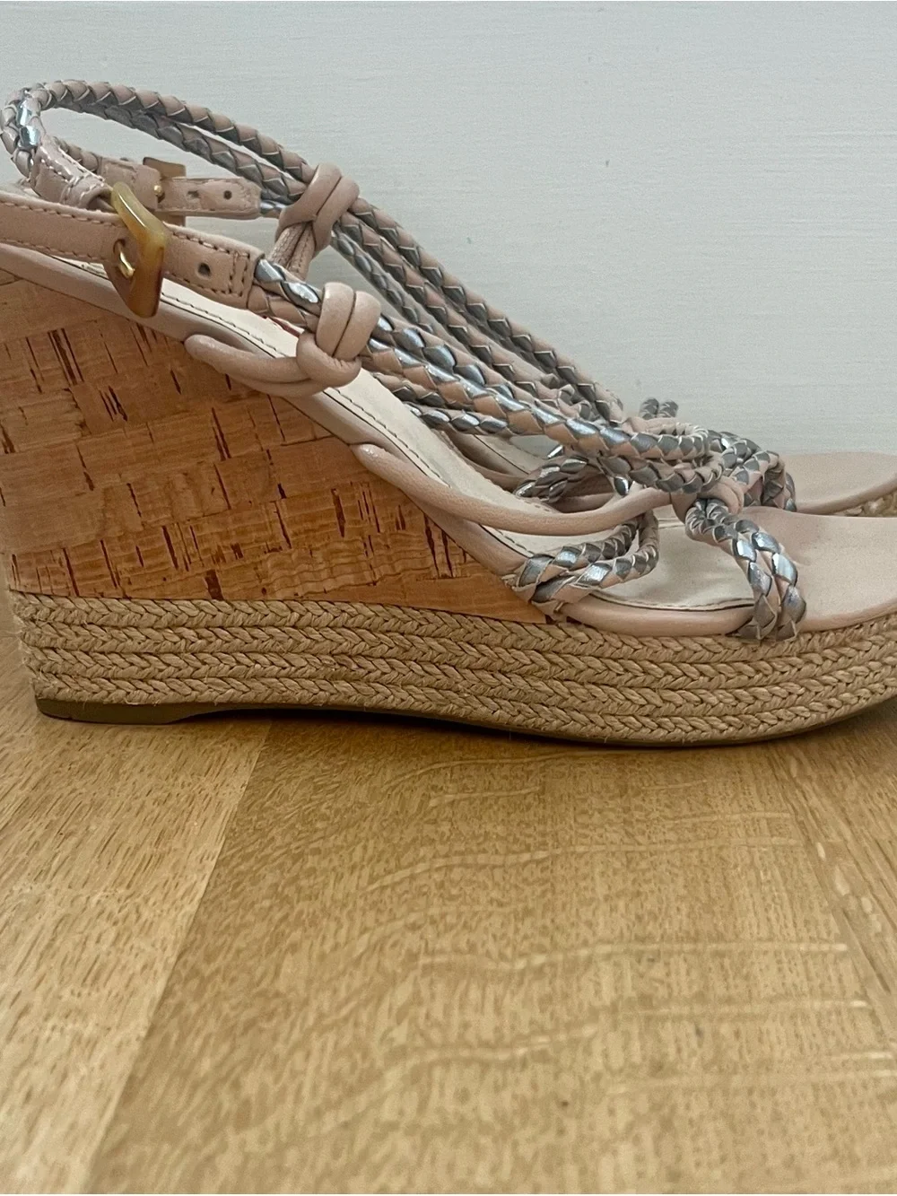 Prada Espadrille Cork Wedge Woven Strappy Tan Silver Pink Sandals Size EU 7/US 7